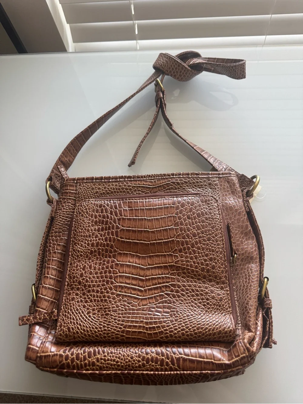 NWT Coldwater Creek Brown Faux Leather Crocodile Sophie Crossbody Bag Gold Tones